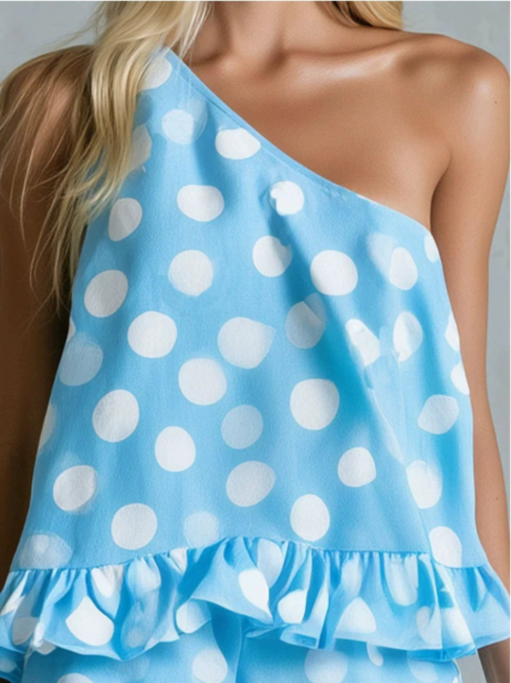 FOREVER 21Vintage Elegant Blue Polka Dot One Shoulder Top and Ruffle Shorts Set